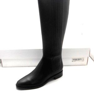 Calvin Klein Finley Cow Silk Black Leather Knee Boots Size 5 M Gold Back Zip